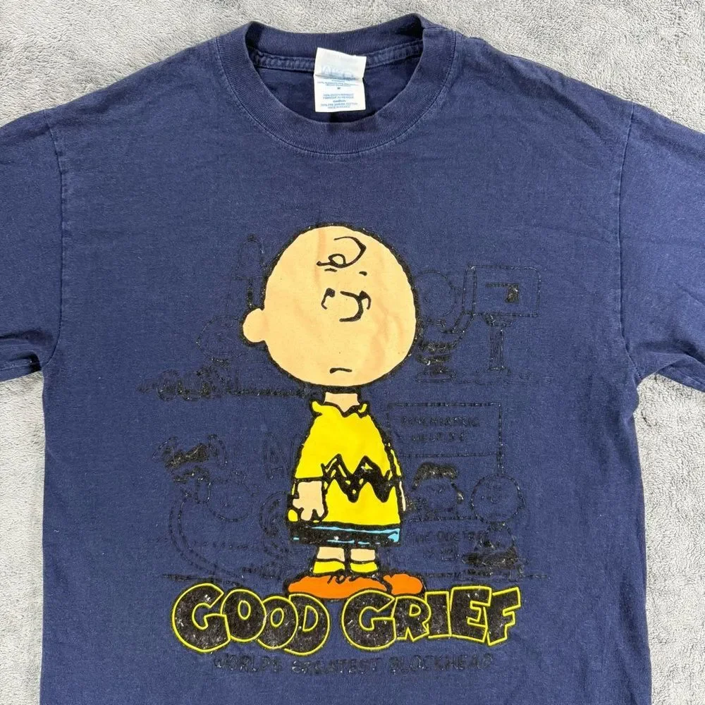 Vintage Peanuts Charlie Brown Good Grief M&O Knits T-Shirt Tee Mens M Navy Blue